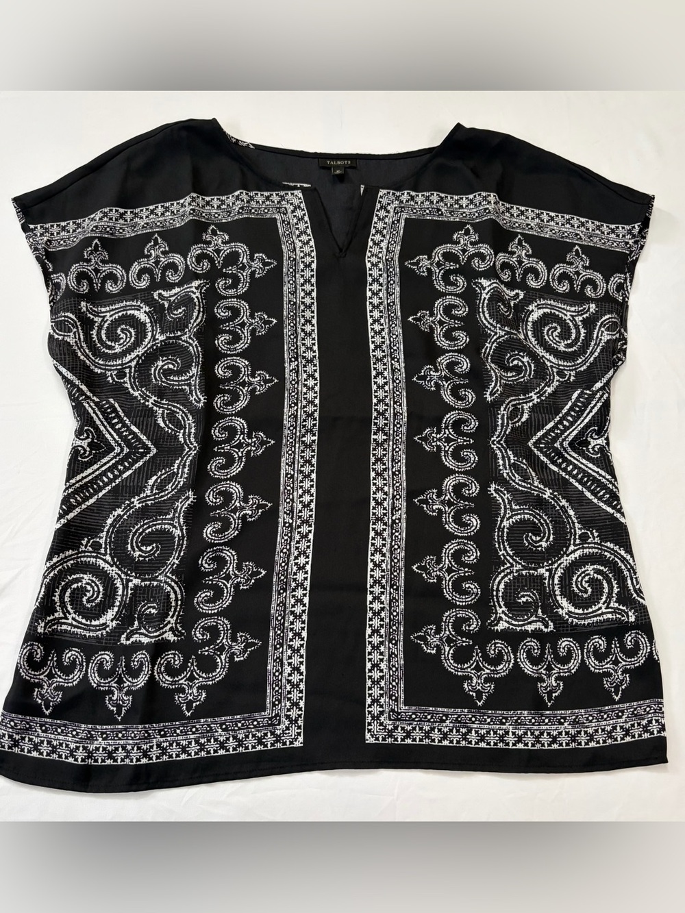 Talbots Black Sheer Top with White Embroidered Panel Detail Medium
